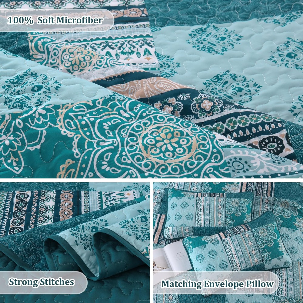 Dintszyayue Teal Patchwork Quilt Set King Size,3 Pieces Turquoise Boho Bedspread
