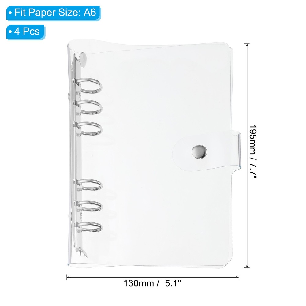 4 x Soft A6 Clear Binder Cover with Snap Button Closure 6 Ring Silver