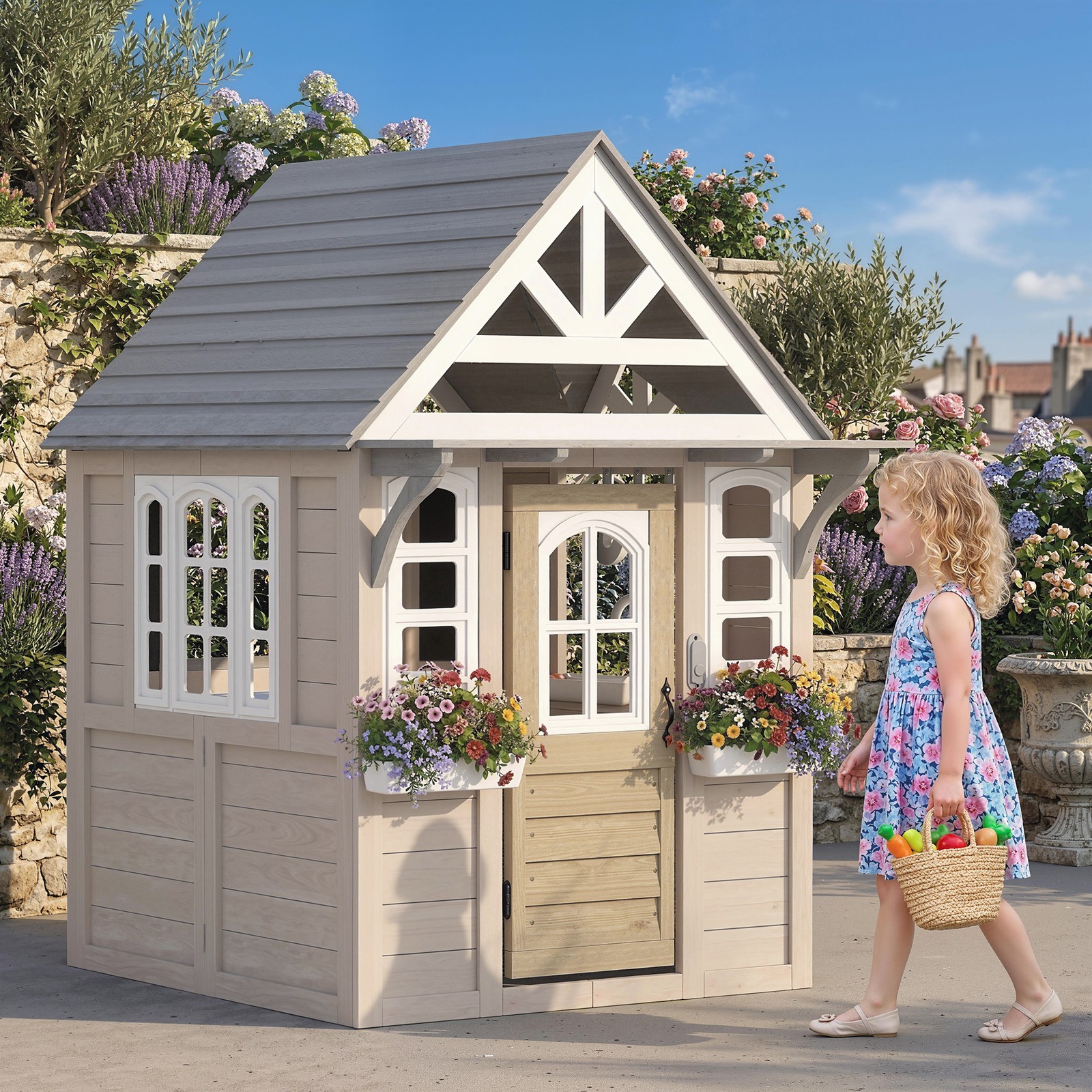 Qaba Outdoor Playhouse, Wooden Kids Playhouse with Dog Door, Cookware, Bell