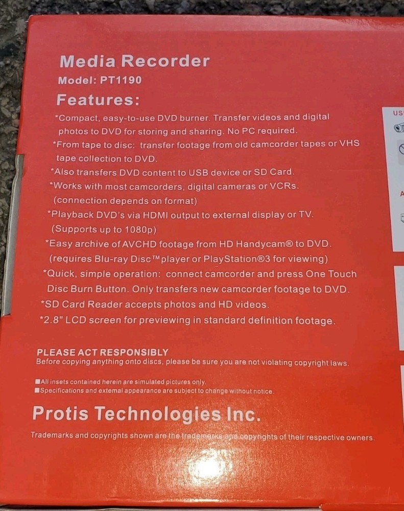 PROTIS Multi-function Media Recorder PT1190 DVD Recorder / Player HDMI USB AV SD