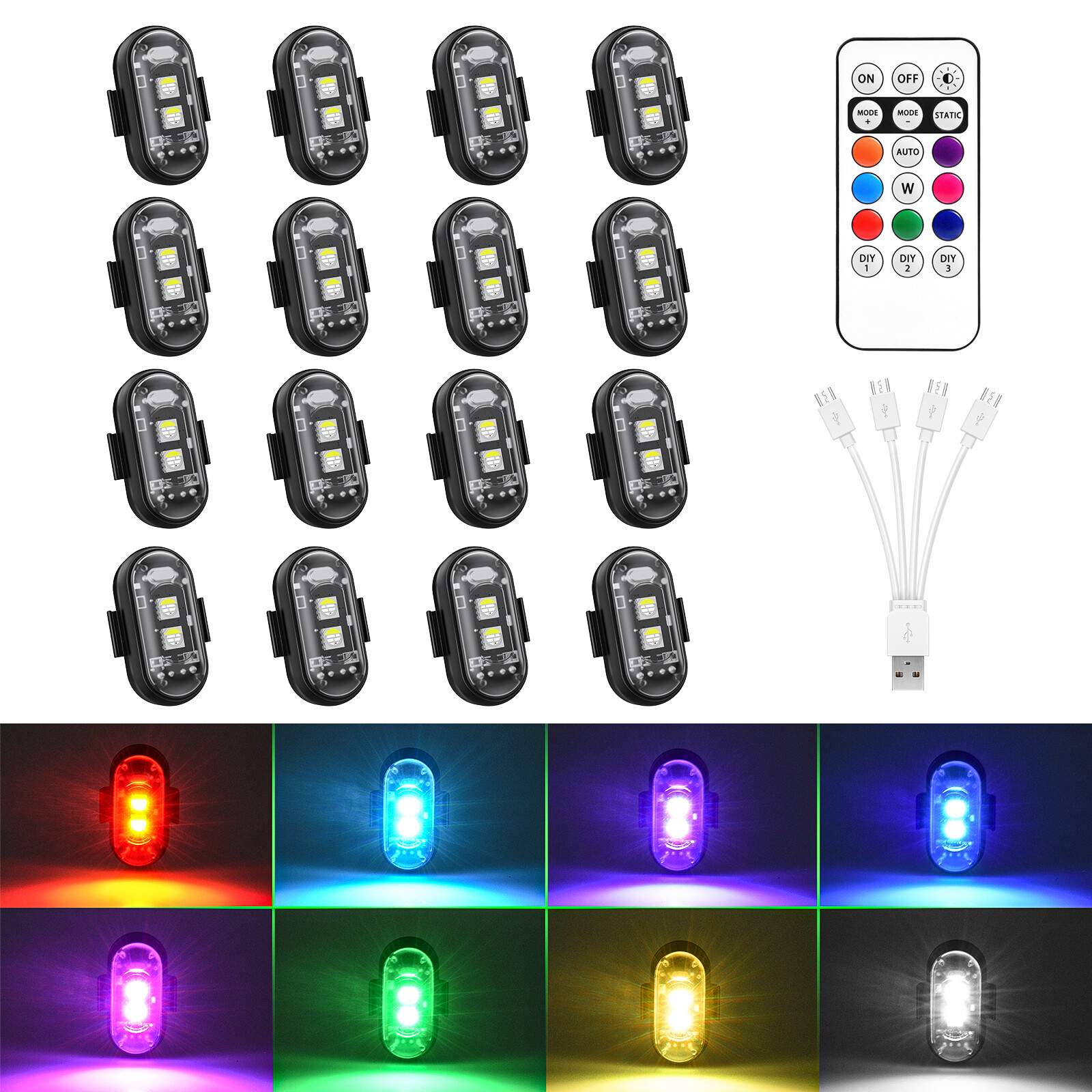 16 PCS Wireless LED Strobe Lights 8 Colors USB Rechargeable Anti-Collision Lamps