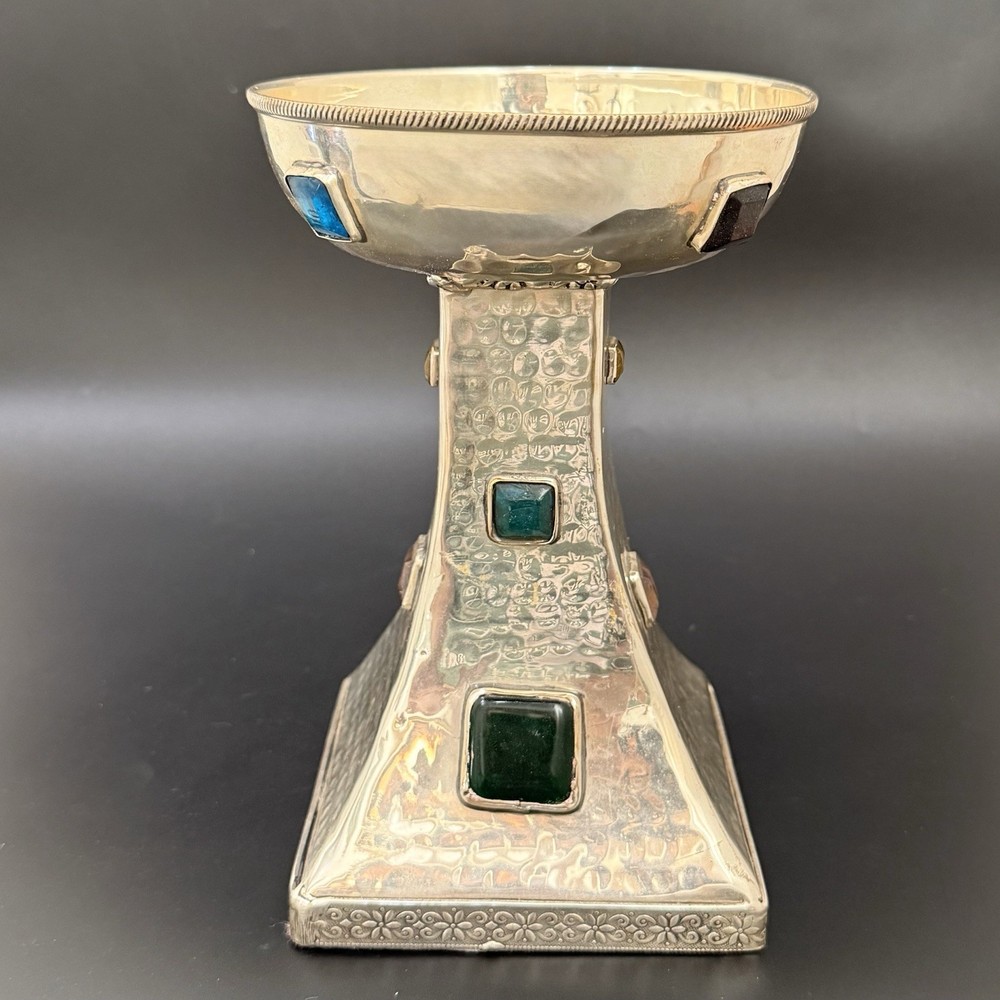 Vintage Hammered Silver Plated Bejeweled Cabochon Decorative 8” Candle Holder