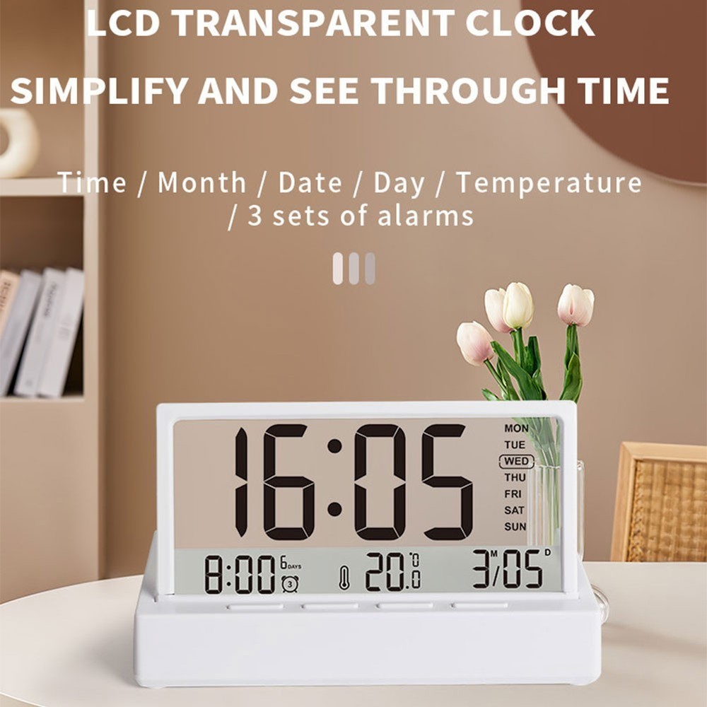 Desktop Electronic Alarm Clock with Transparent Display Temperature Date Week
