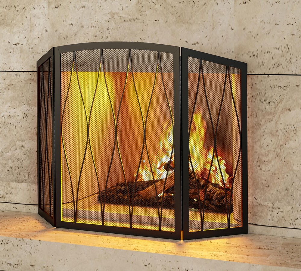 Kingson Childproof Fireplace Screen 3- Panel Modern Handcrafted Wrought Iron ...