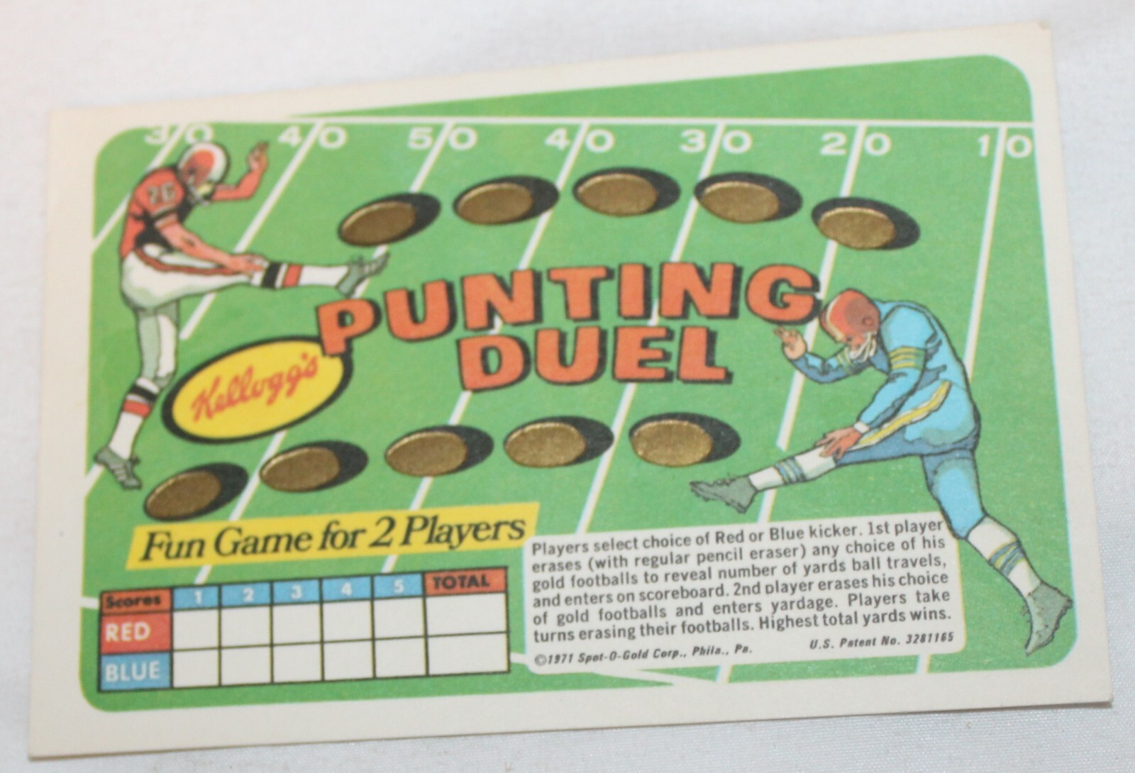 VTG Kellogg's Cereal Premium 1971 Punting Duel game Spot o Gold Card Football