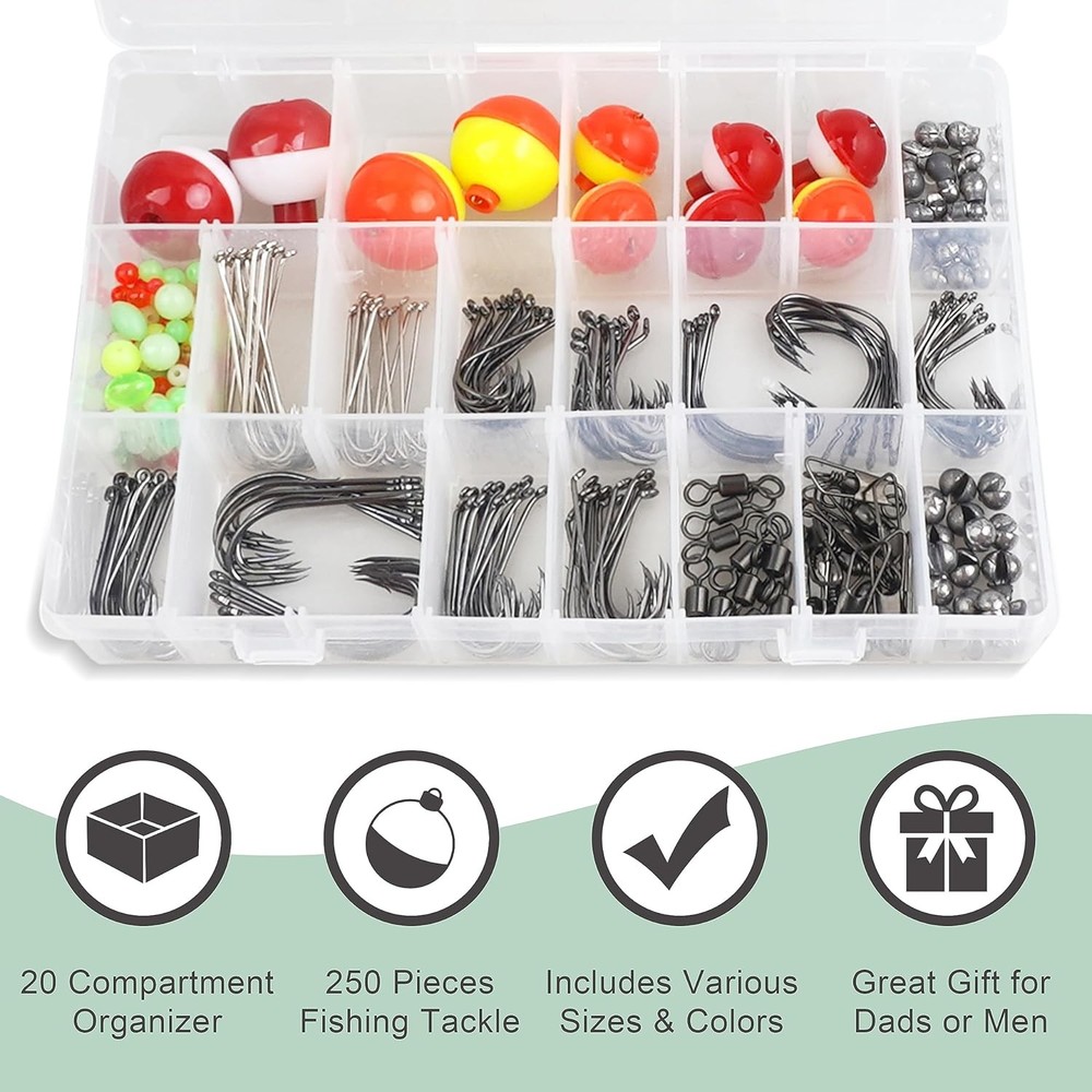 Fishing Hooks Bobbers Tackle Kit, 250pcs Basic Box black