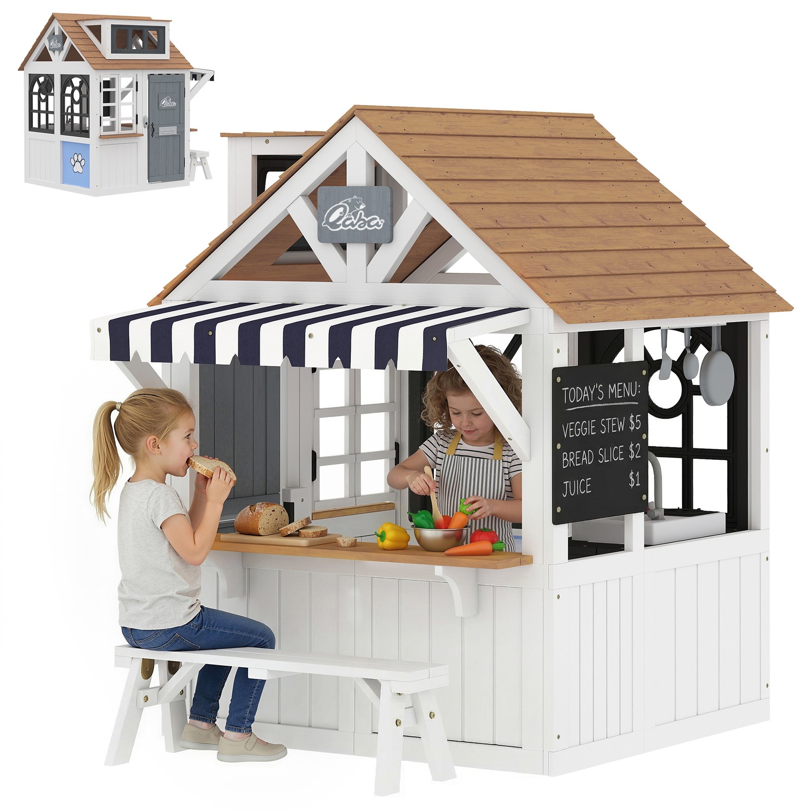 Qaba Outdoor Playhouse, Wooden Kids Playhouse with Dog Door for Garden