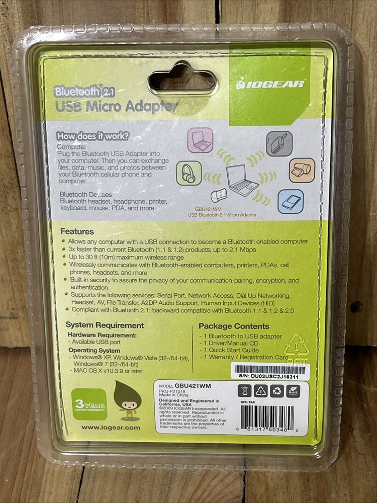 IOGear Bluetooth 2.1 USB Micro Adapter GBU421 MAC or PC - 30 Foot Wireless Range