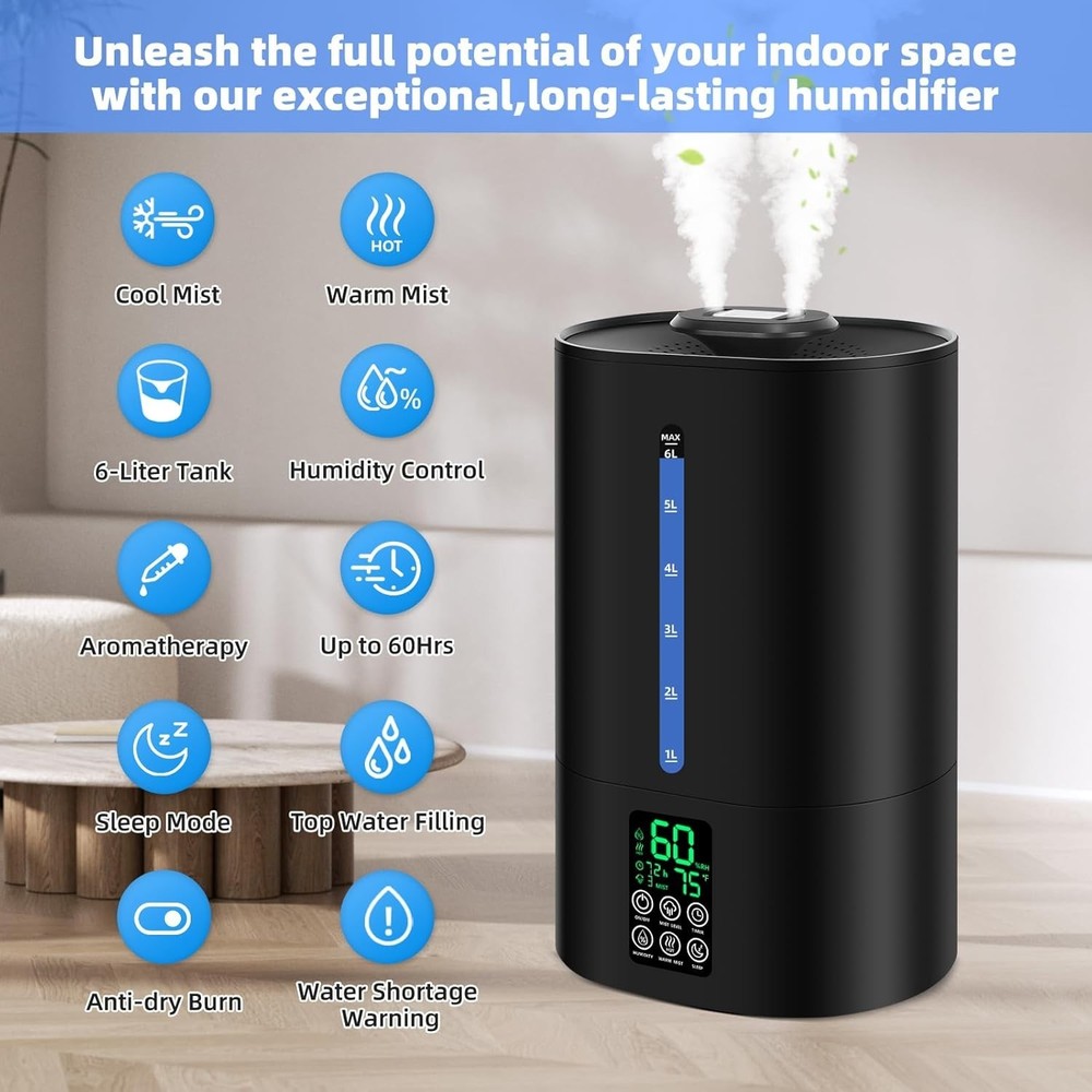 Adjustable Mist Ultrasonic Humidifier - 6L Capacity