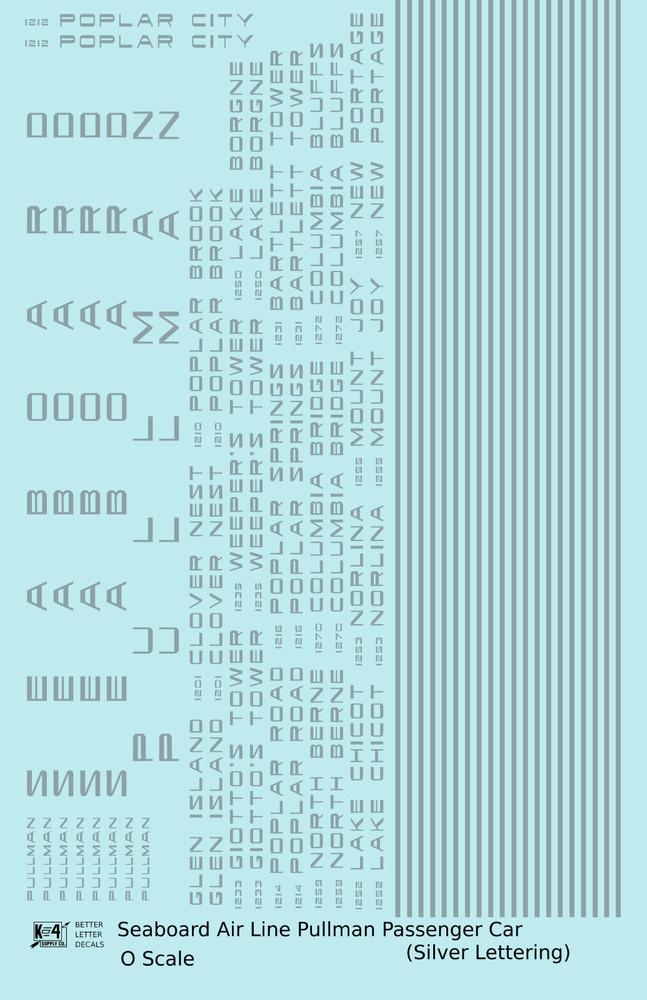 K4 O Scale Decals Seaboard Air Line Ex-Pullman Sleeper Passenger Car Silver