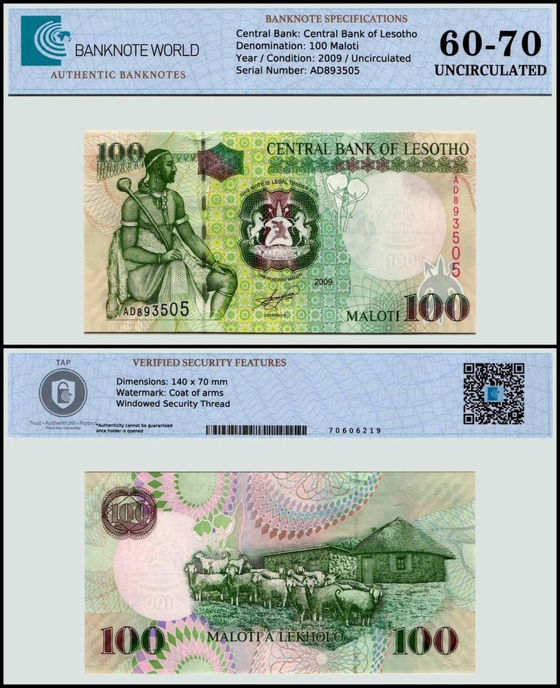 Lesotho 100 Maloti, 2009, P-19e, UNC, Authenticated Banknote