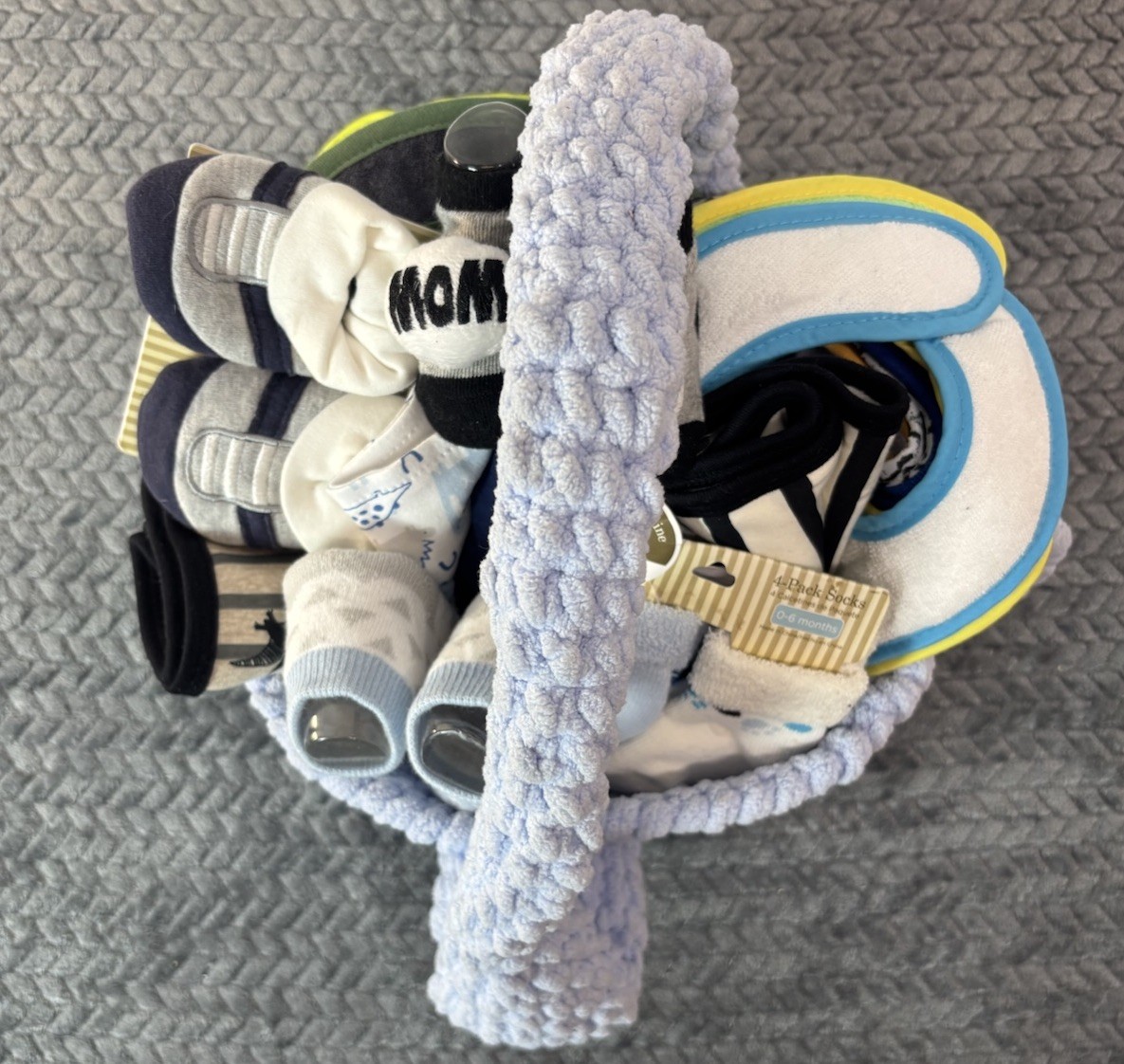 Baby Boy Newborn Gift Handmade Crochet Basket 23pc Set Bibs Socks Swaddles