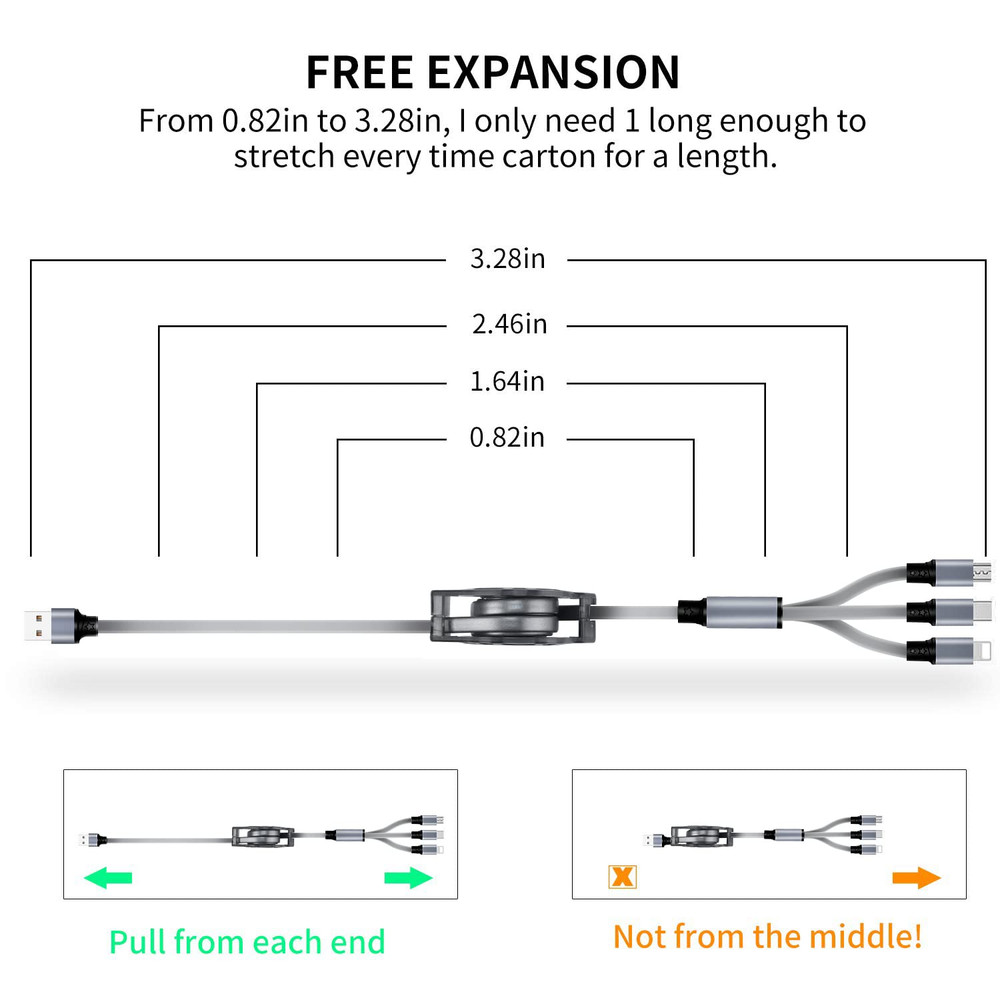 2Pack Multi USB Charger Cable Retractable 3 in 1 Multiple Charging Cord Adapter
