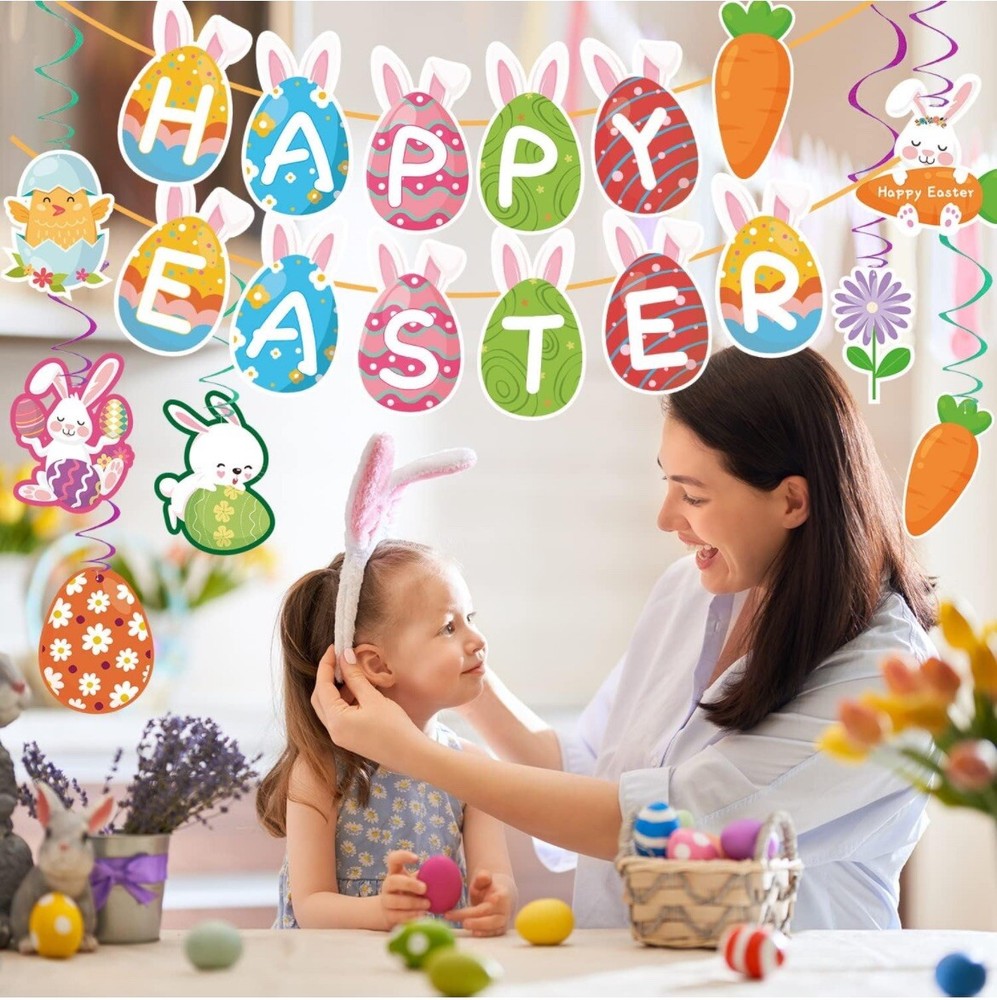 38pcs Easter Decorations Home Happy Easter Bunting Banner Decoration