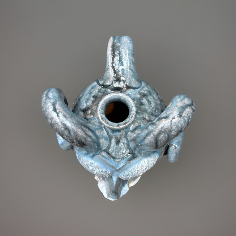 DAL BURTCHAELL Primitive Folk Art Glazed Devil Face Jug Blue Gray Glaze