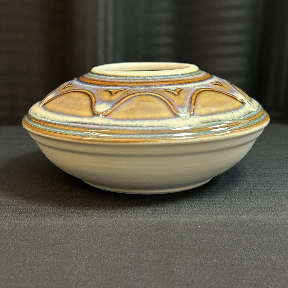 Studio Art Pottery Vessel, Signed, Textured Multicolor Glaze, 5”