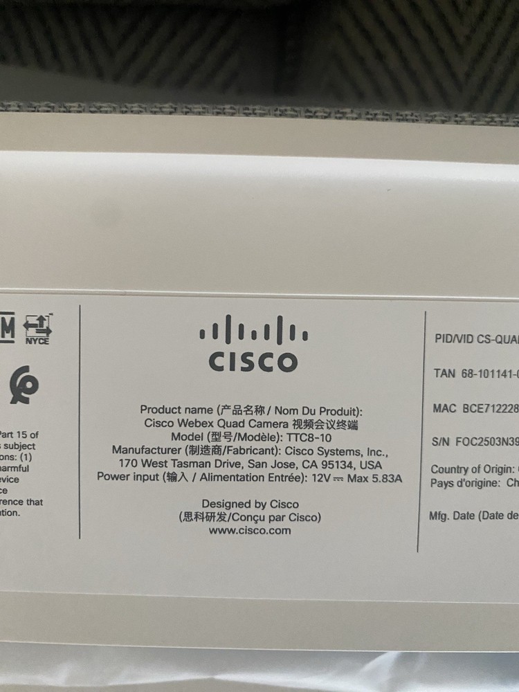Cisco TTC7-25 Codec Plus w/ TTC8-10 Webex Quad Camera TTC5-15 Touch Panel