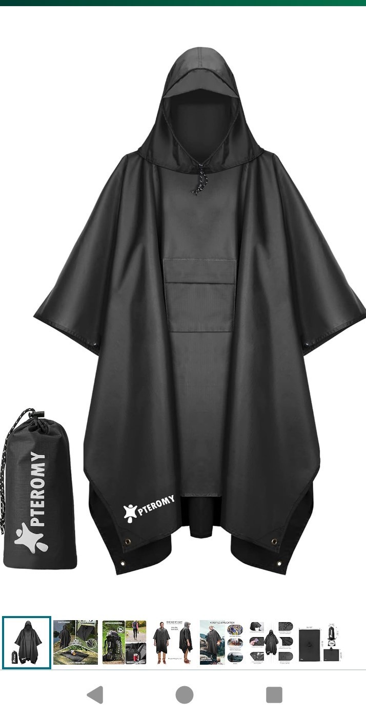 PTEROMY Hooded Rain Poncho Raincoat Waterproof Adult Hiking Camping NEW