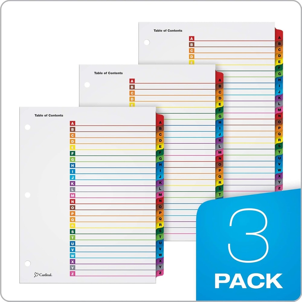Cardinal A-Z Tab Dividers for 3 Ring Binders, Customizable Letter, Assorted