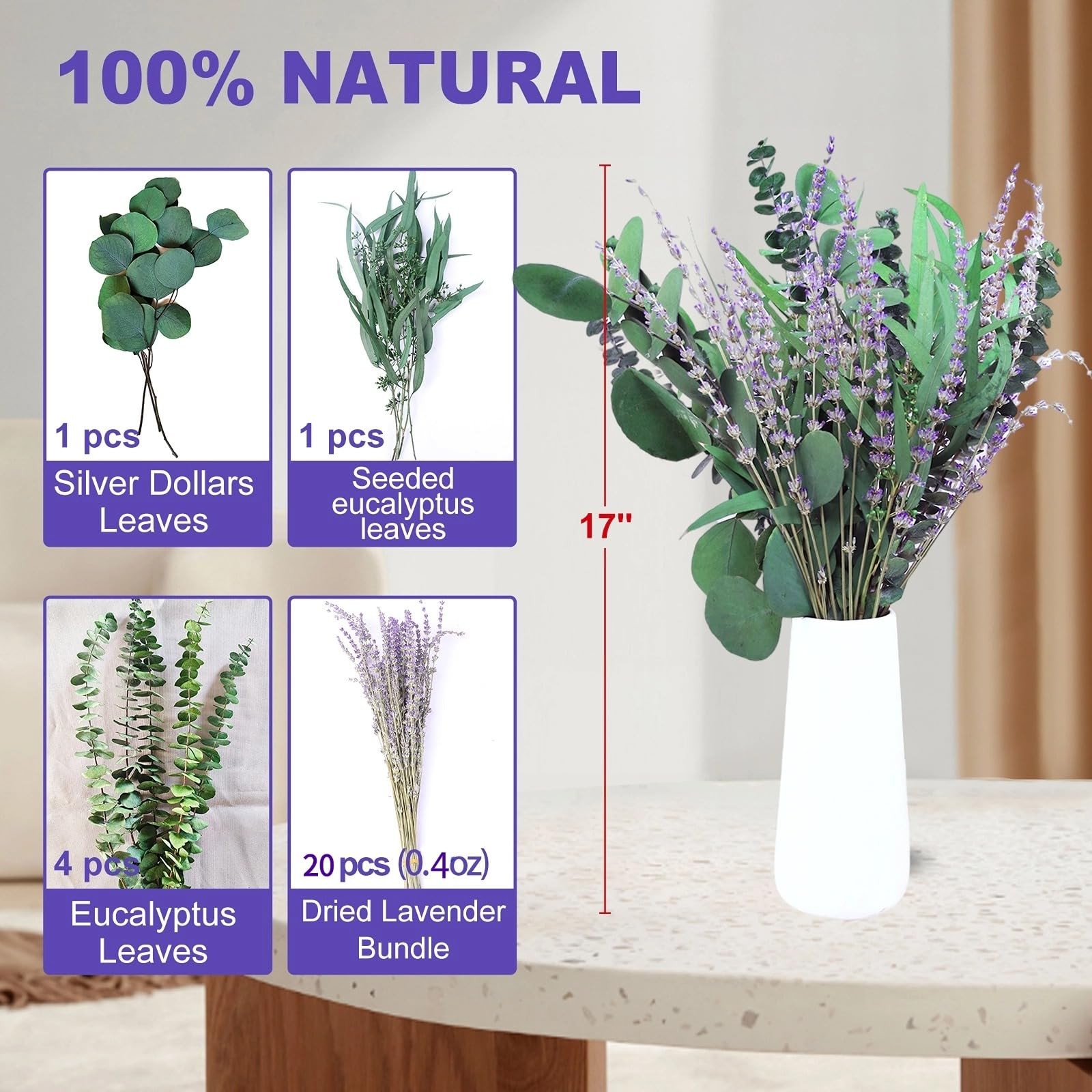 26 PCS Mix Dried Eucalyptus Lavender Flowers Bundles for Shower, 17 Natural
