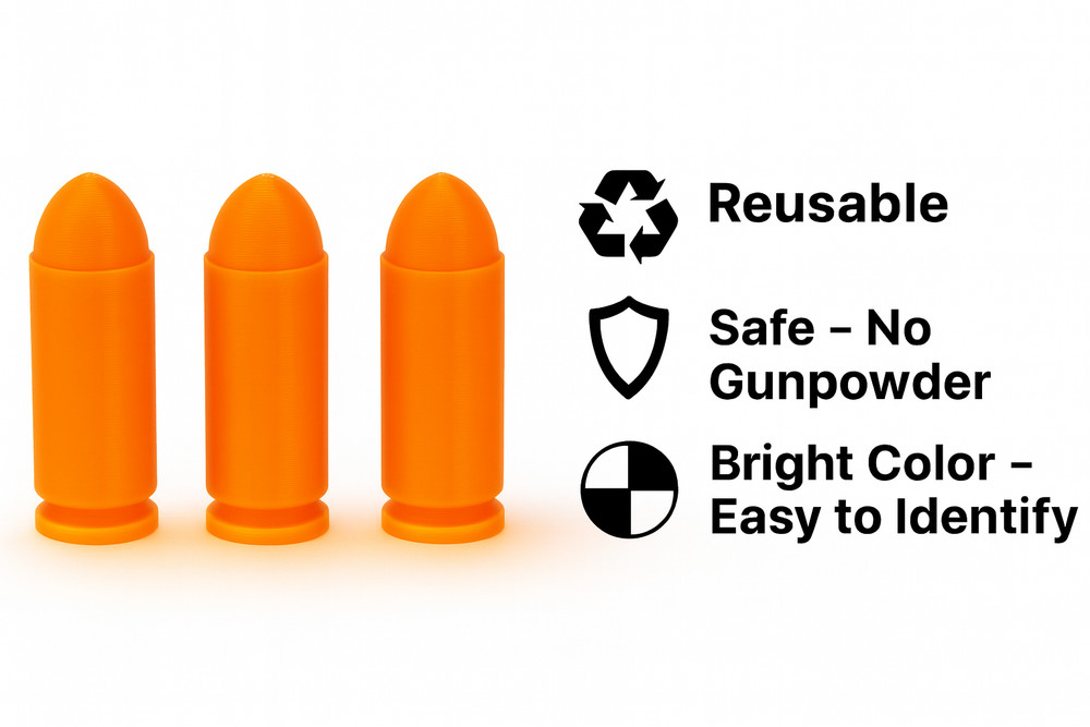 10mm Orange Dummy Rounds- Snap Caps - Dry Fire Training. Reusable .TechStudio3D