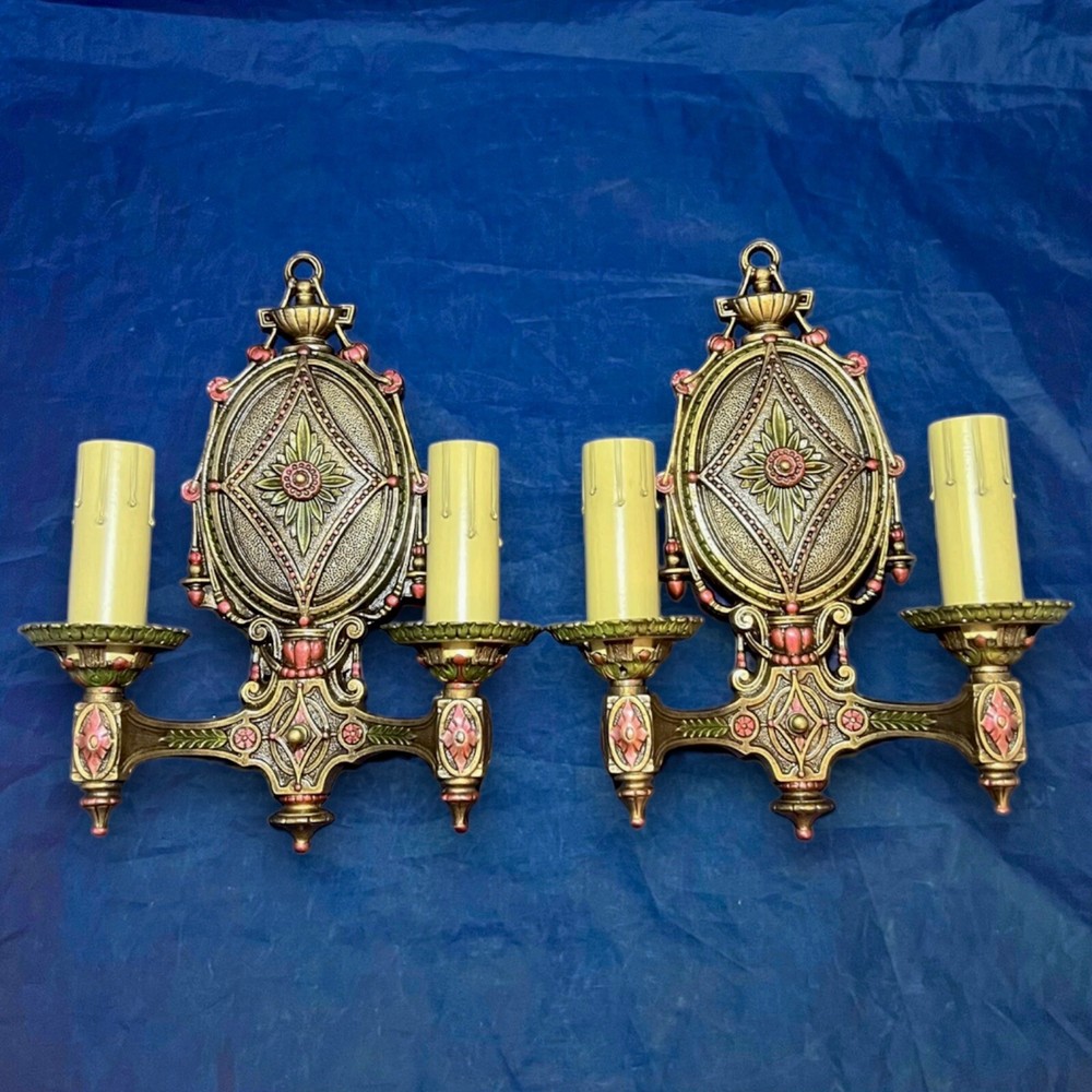 Pair Antique Polychrome Two Arm Sconces Beautiful Rewired 66C