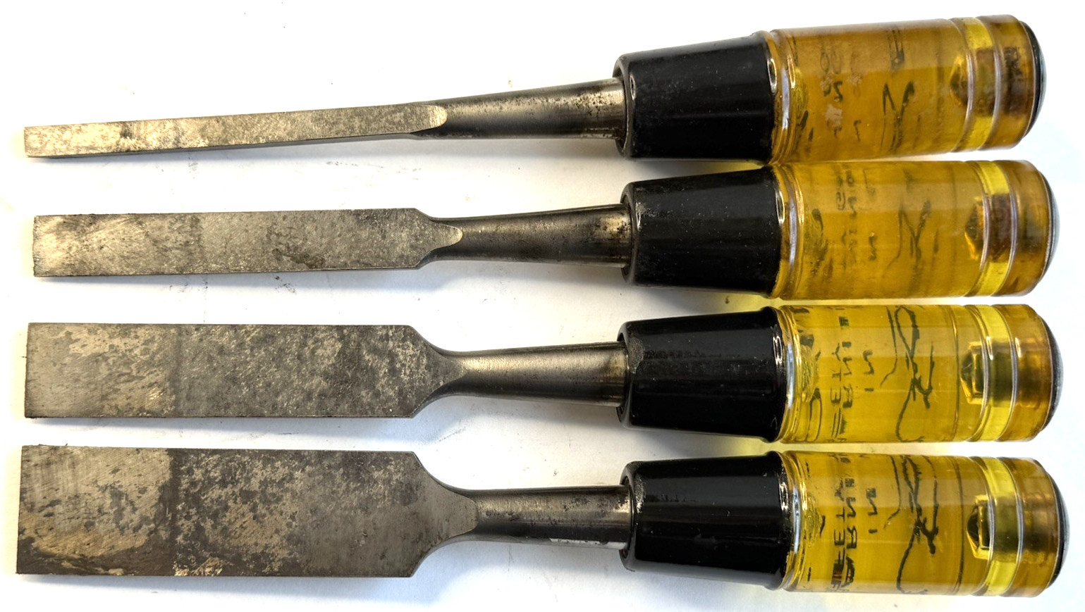 4 Vintage Woodwrking Chisels Buck Bros 1”, 3/4”, 1/2”, 1/4” Made in USA