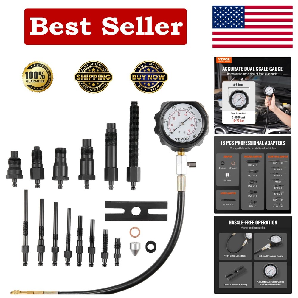 Precision Diesel Compression Tester with 18 Adaptable Pieces for Mechanics