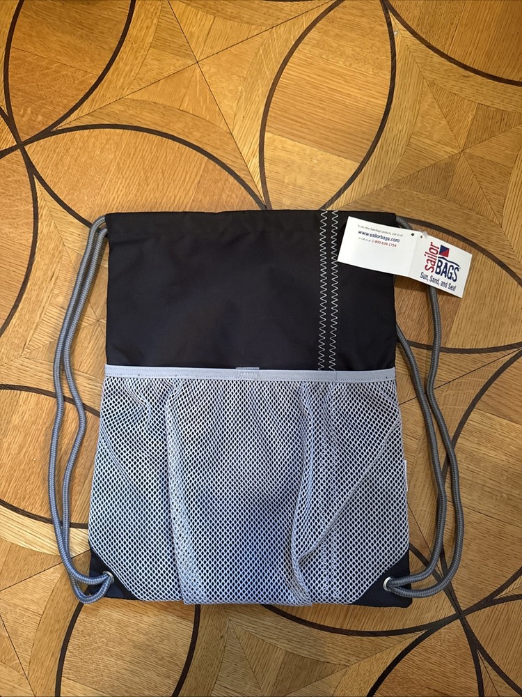 NWT SailorBags Chesapeake Drawstring Backpack Sailcloth Stow Bag Black Grey