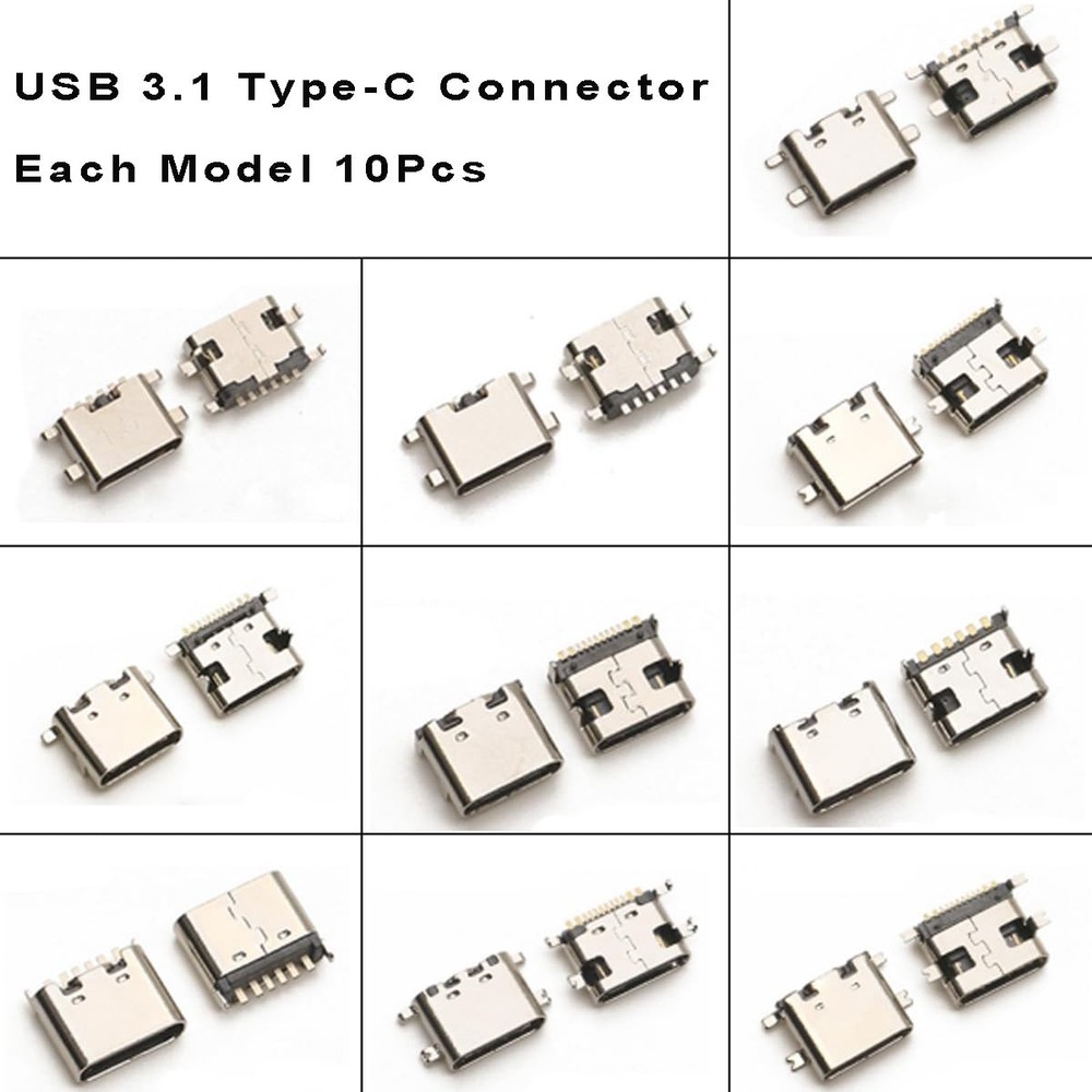 Teansic 100Pcs 10Models Type-C 100 Pcs 10 Models, Black,Silver,Transparent