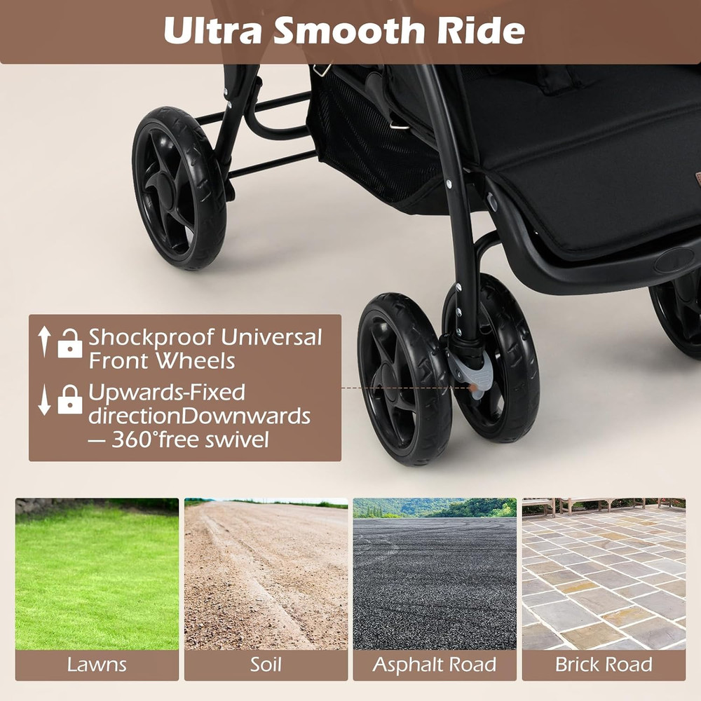 Compact Double Stroller with Adjustable Canopy, Harness & Storage Basket