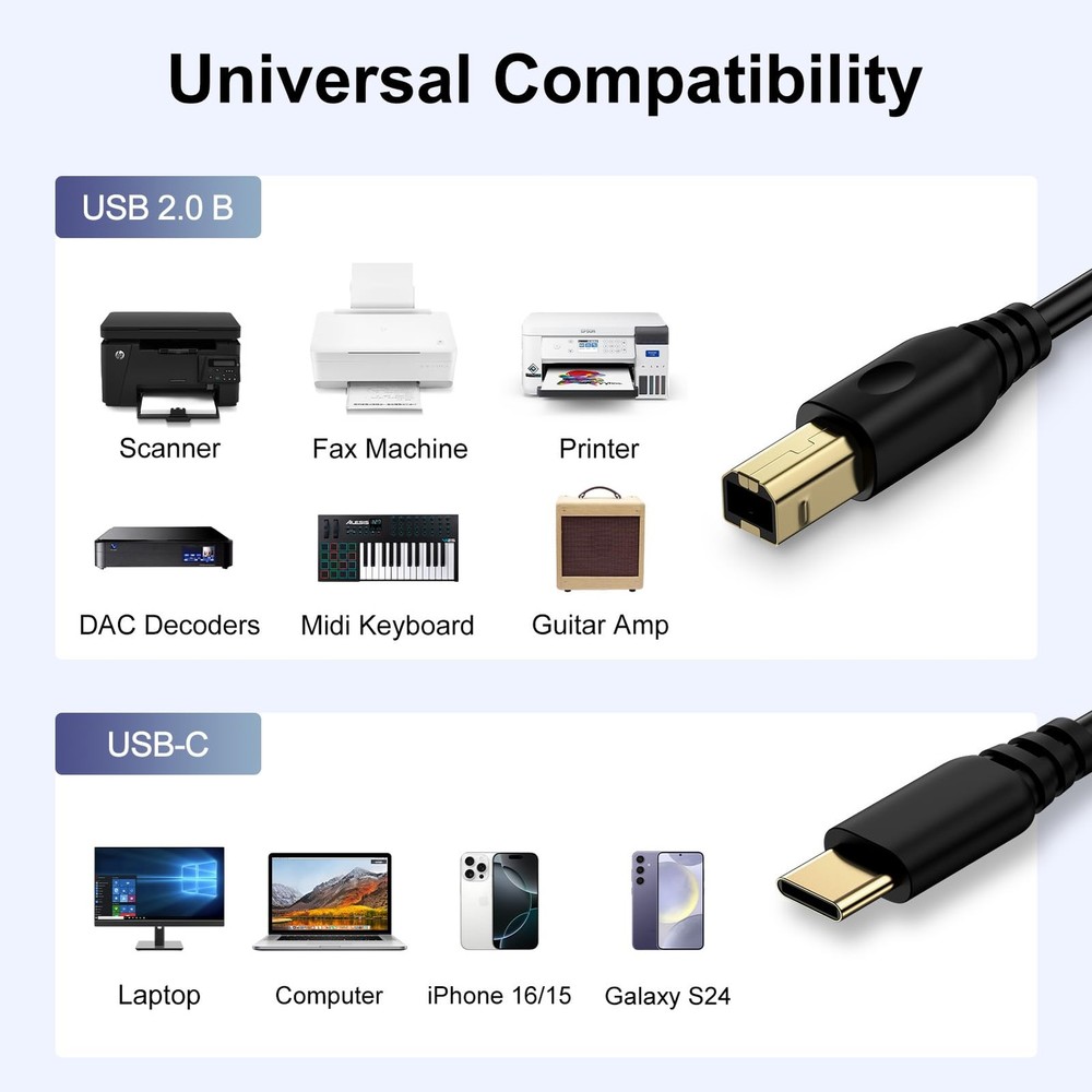 10FT USB B to C Printer Cable, Type B C Cord MIDI 10FT, Black