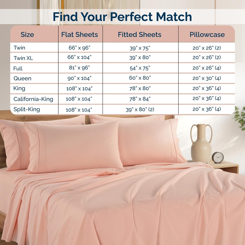 100% Cotton Split King Size Sheets Set – 7 Piece Crisp Percale Split King Siz...