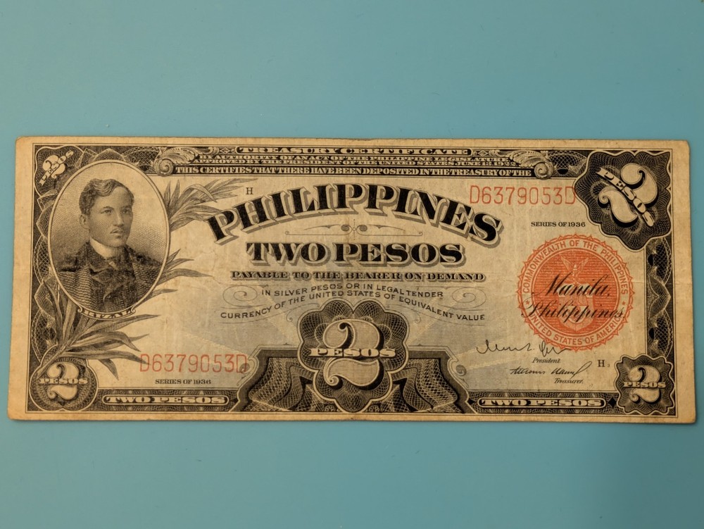 1936 2 Peso Philippines. Better Grade Note