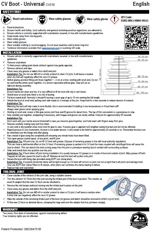 CVS18 Universal Split Constant Velocity Joint Gaiter Boot Replacement Kit, Black