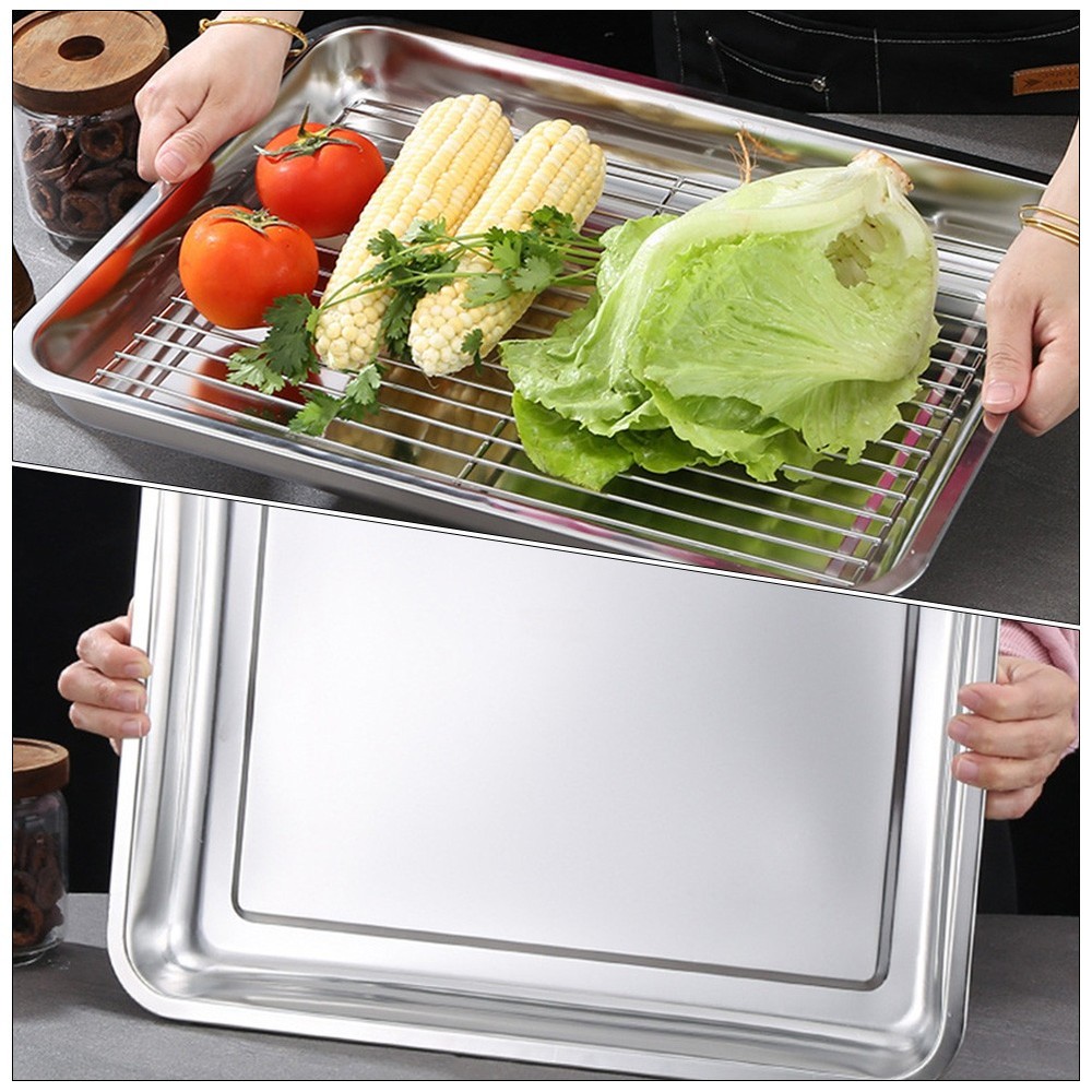 3pcs Heavy Duty Oven Pan Stainless Steel Rectangular Deep Edged Tray