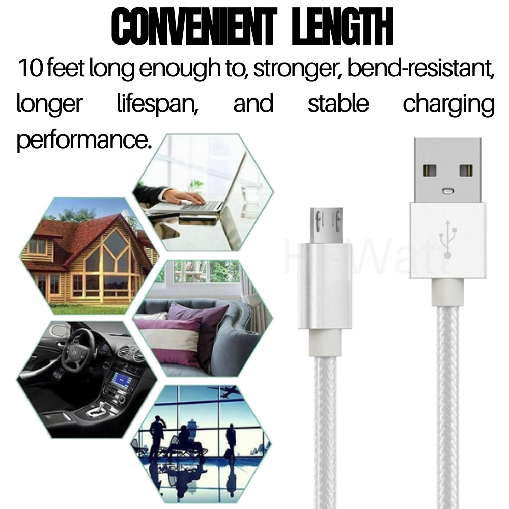 3 PACK 10Ft Extra Long Micro USB Cable Fast Charge Android Charger Charging Cord