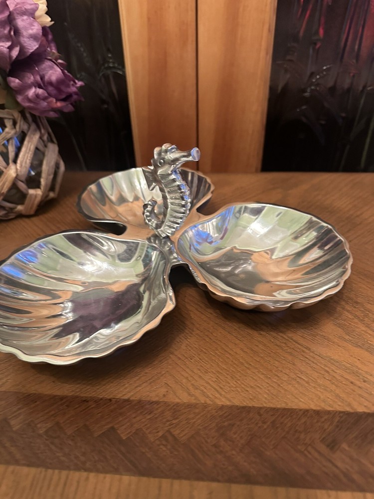 IHI India Handicrafts Silver Clam Shells & Seahorse Serving Dish with 3 Sections