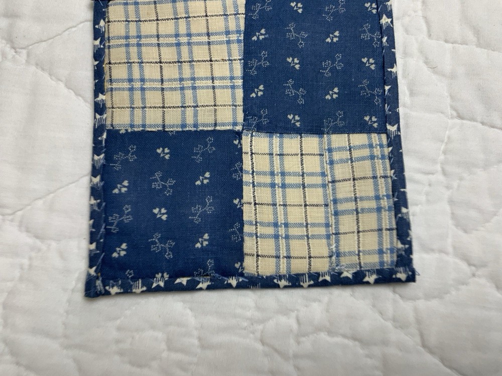 Vintage Antique Patchwork Quilt Table Topper, Small, Four Patch, Calicos, Blue