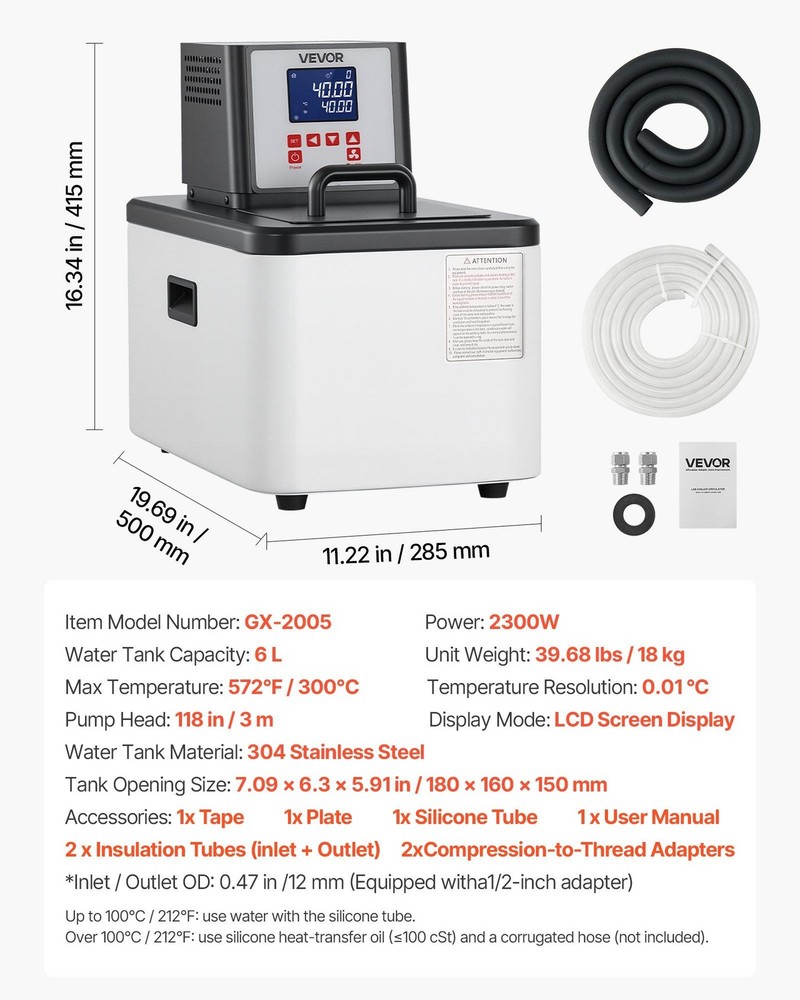 Stainless Oil Circulator: 6L, 300°C, PID Control, External Pump