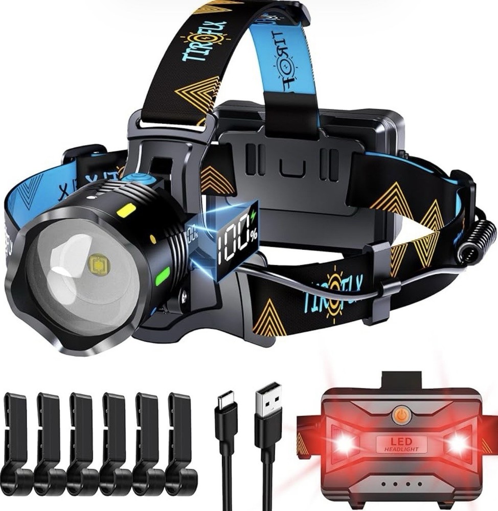 LED Headlamp With Motion Sensor Red Warning Zoomable IP65 Waterproof