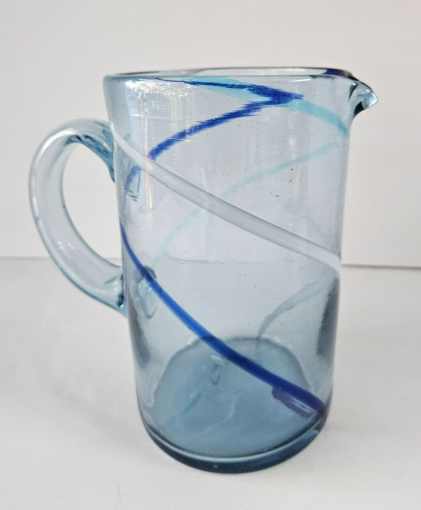 Mexico Hand Blown Glass Blue&White Swirl Pattern Pitcher