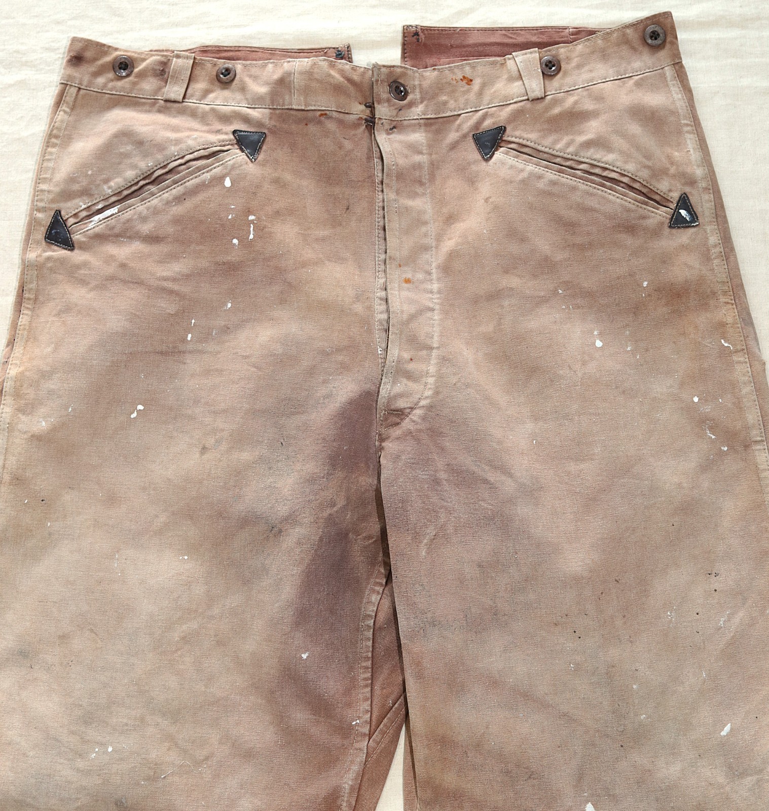 French 1940/50s Faded & Stained Brown Duck Cotton Canvas Pants LE ROBUSTE W39