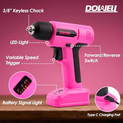 8V Cordless Drill Tool Set 58 PCS, Built-in LED, Variable Speed, Type-C Pink