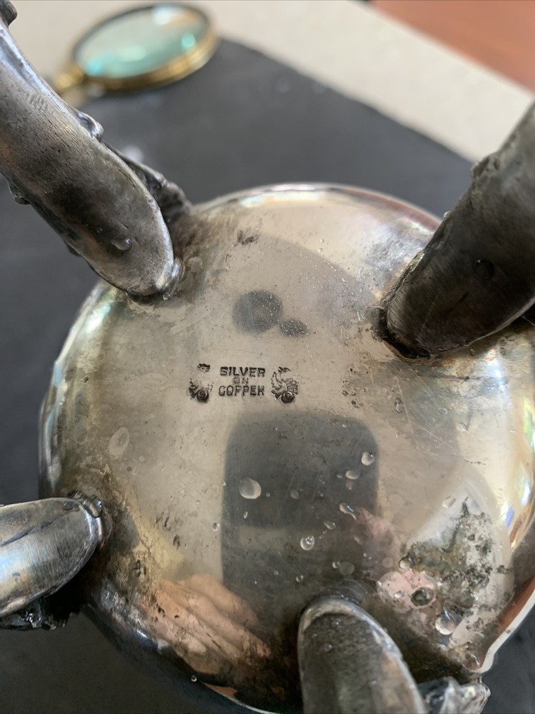 Silver on Copper Pitcher Acanthus Leaf Footed Ice Lip Monogram 8” Tall