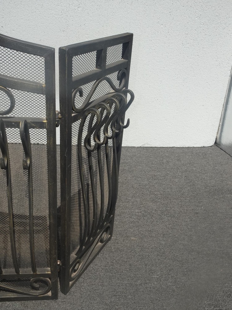 Vintage Spanish Style Black Iron Three Panel Fireplace Screen