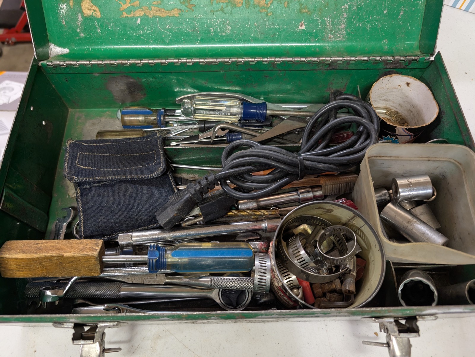 Vintage Metal Toolbox with 50+ assorted lot of tools