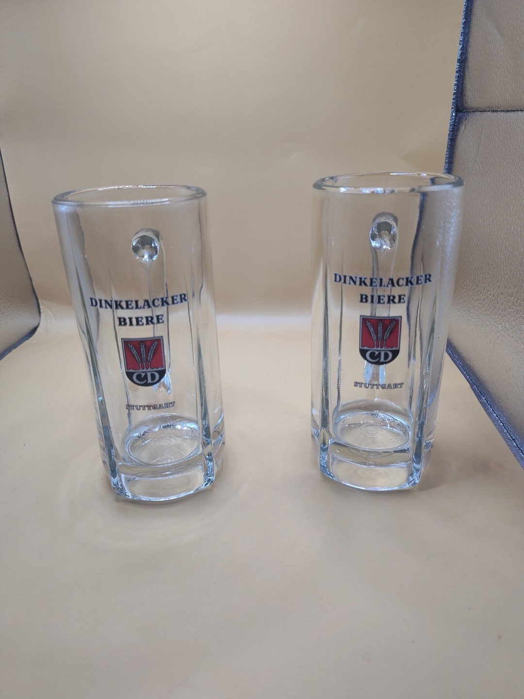 2 Vintage RARE Dinkel Acker Clear Glass  Beer Stein / mug. MADE IN GERMANY Read