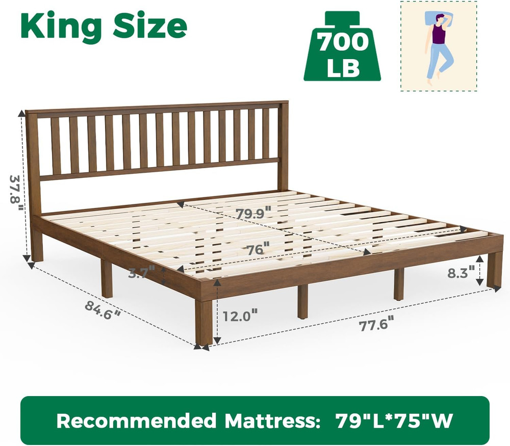 Mid Century King Size Bed Frame with Headboard, Solid Wood, Easy Assembly