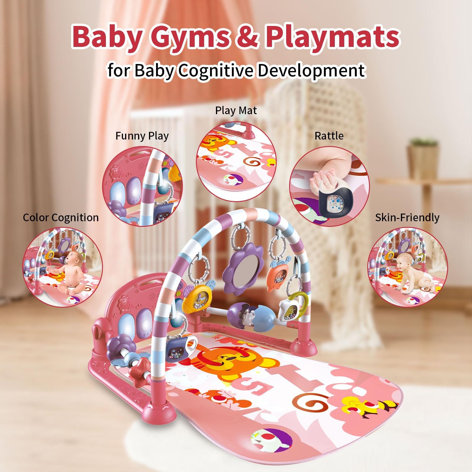 Baby Gym Play Mat, Piano Kick and Play Lights and Music Tummy Time Toys Infan...